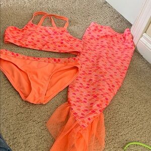 Girls Neon Orange Mermaid Swim Set - 3 Piece Bikini & Tail